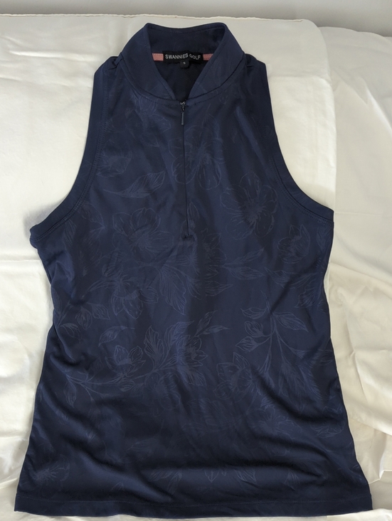 Swannies Golf Tops - Swannies Golf Nadia Sleeveless Polo - Navy Blue Floral Embossed Half Zip Size S